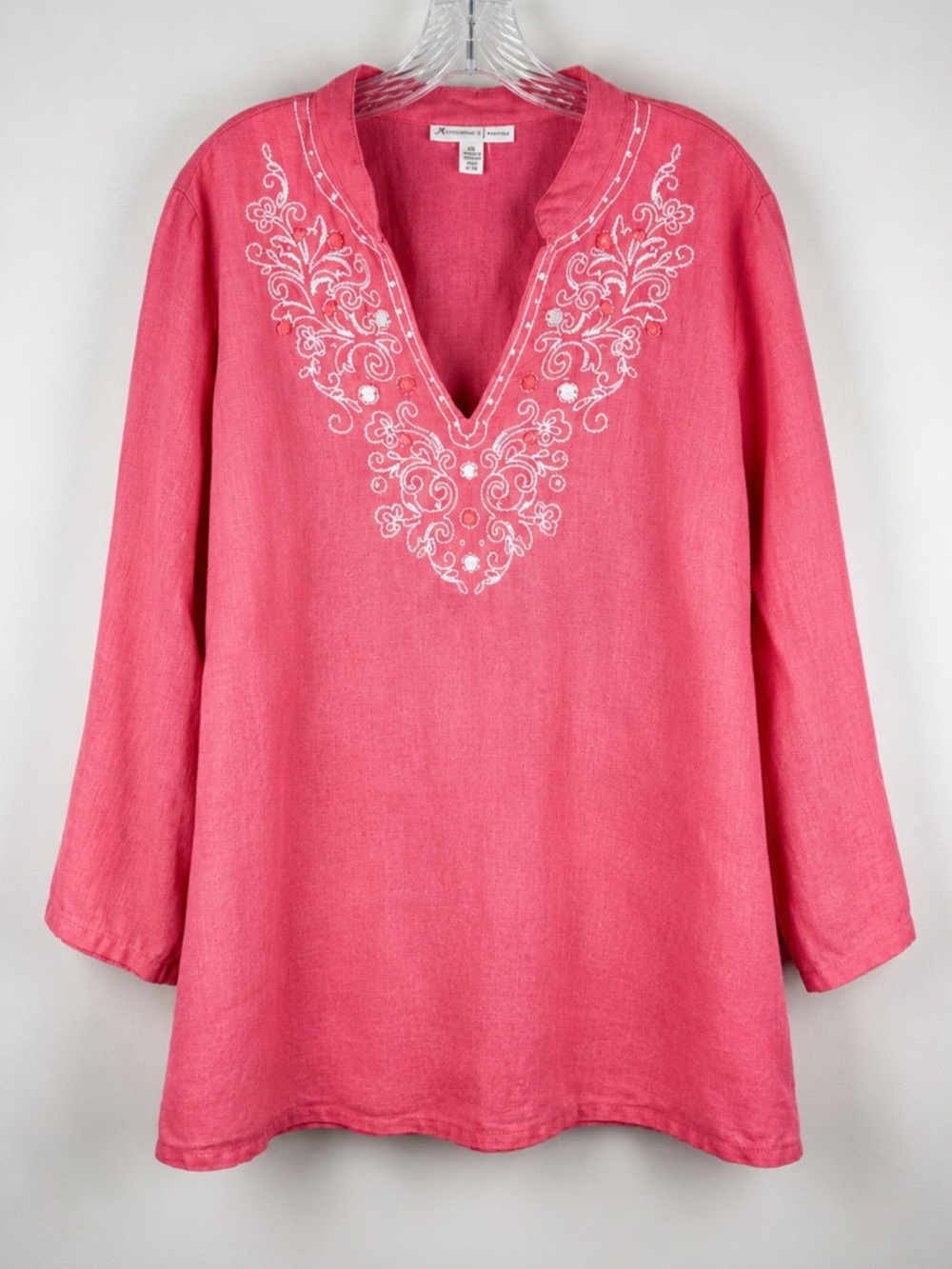 JM Collection Linen Embroidered Tunic Top Pink Beaded Boho Plus 20W